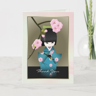 Tarjeta De Agradecimiento Mujer japonesa en Kimono y Sakura Gracias