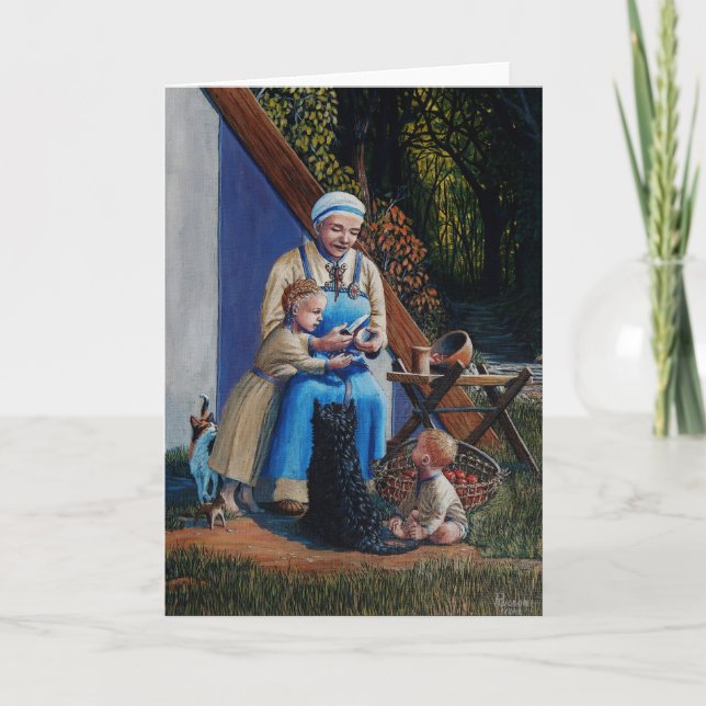 Tarjeta De Agradecimiento Mujer/madre/hijos vikingos -- perro Scottie, gato  (Anverso)