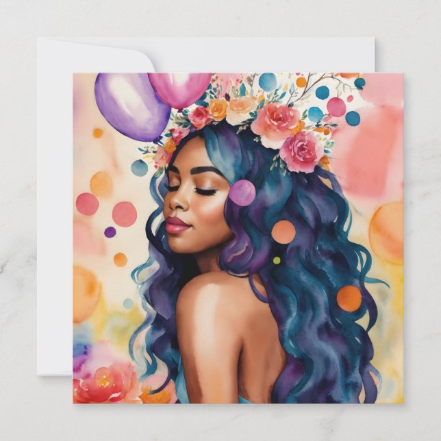 Tarjeta De Agradecimiento Mujer Negra Arte de Fiesta Multicolor (Anverso)