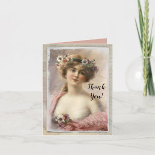 Tarjeta De Agradecimiento Mujer victoriana con flores en acuarela