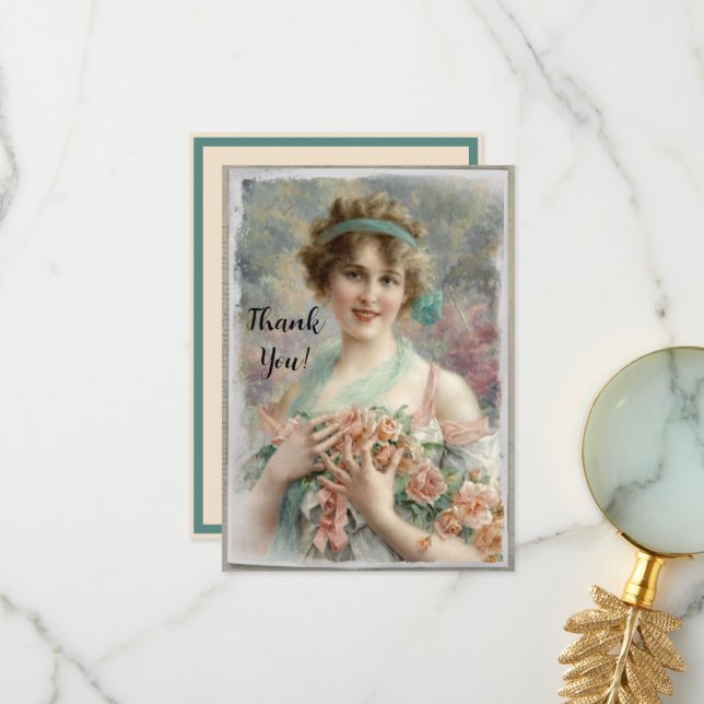 Tarjeta De Agradecimiento Mujer victoriana con Rosas sobre fondo acuático (Anverso/Reverso In Situ)