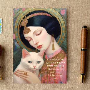 Tarjeta De Agradecimiento Mujer y gato de diseño onírico Art Decó