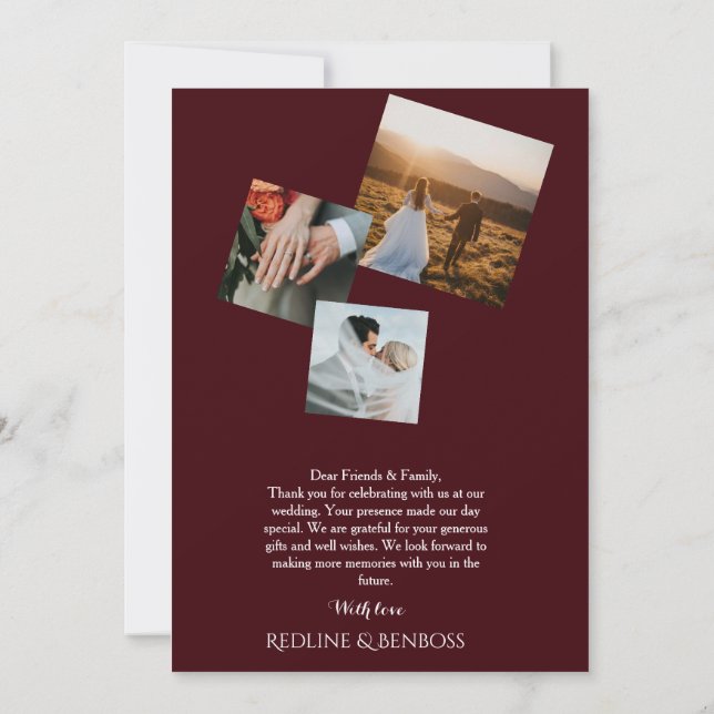 Tarjeta De Agradecimiento Multi photo Burgundy Wedding   Flat Thank You Card (Reverso)