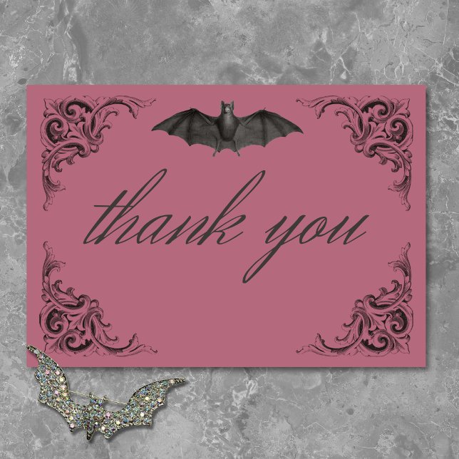 Tarjeta De Agradecimiento Muralla victoriana hasta la muerte Boda negro y vi (Victorian Bat Until Death Black & Wine Wedding Thank You Card)