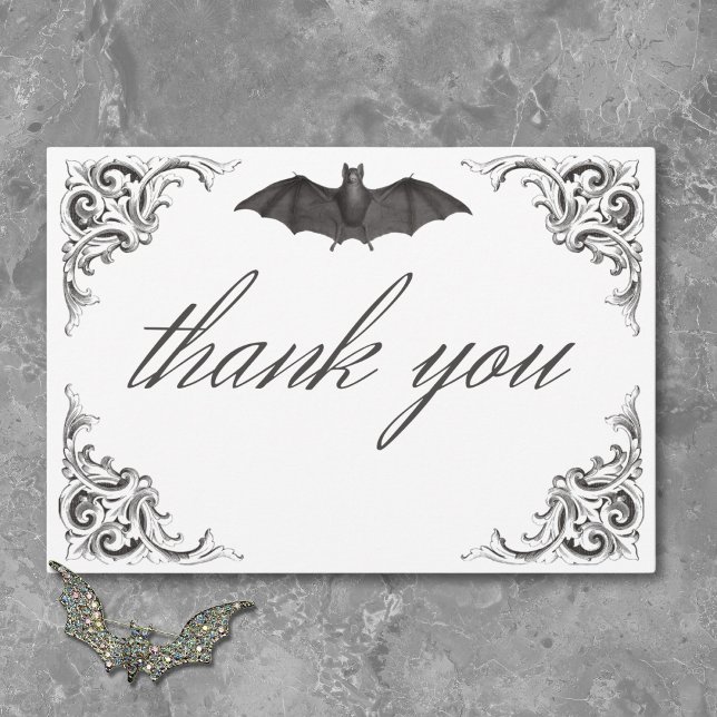 Tarjeta De Agradecimiento Murciélago victoriano hasta la muerte Boda blanco  (Victorian Bat Until Death Black White Wedding Thank You Card)