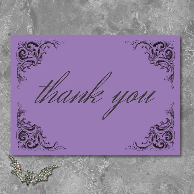 Tarjeta De Agradecimiento Murciélago victoriano hasta la muerte Boda negro y (Victorian Bat Until Death Black & Purple Wedding Thank You Card)