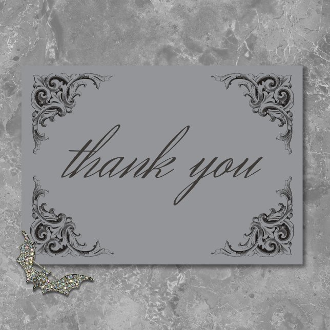 Tarjeta De Agradecimiento Murciélago victoriano hasta la muerte Boda negro y (Victorian Bat Until Death Black & Gray Wedding Thank You Card)