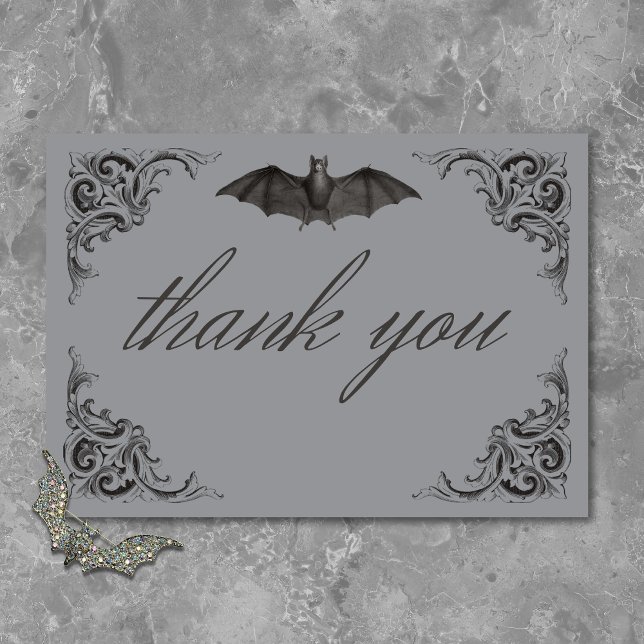 Tarjeta De Agradecimiento Murciélago victoriano hasta la muerte Boda negro y (Victorian Bat Until Death Black & Gray Wedding Thank You Card)