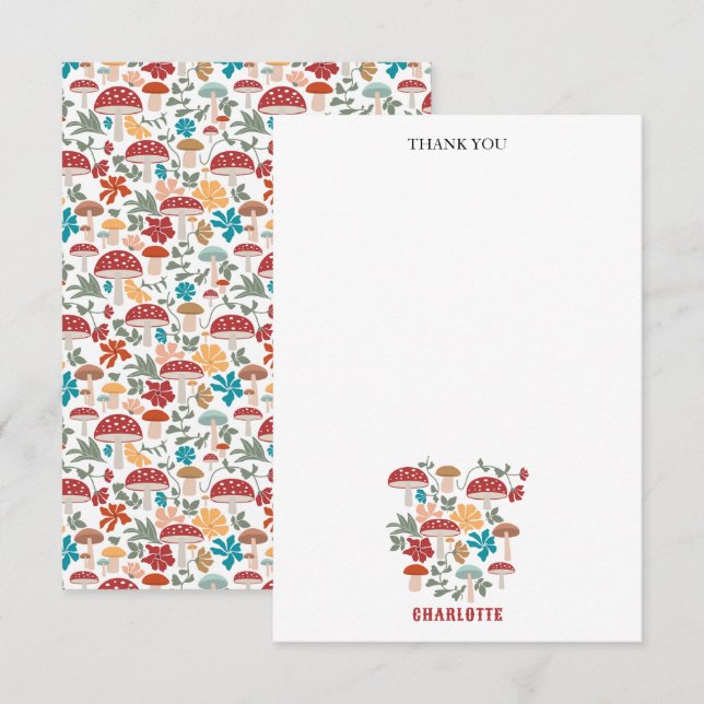 Tarjeta De Agradecimiento Mushrooms & Floral Mid Century Nombre personalizad (Anverso / Reverso)