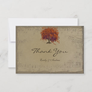 Tarjeta De Agradecimiento Música Dorada Naranja Oscuro Ciruela Corazón Hoja
