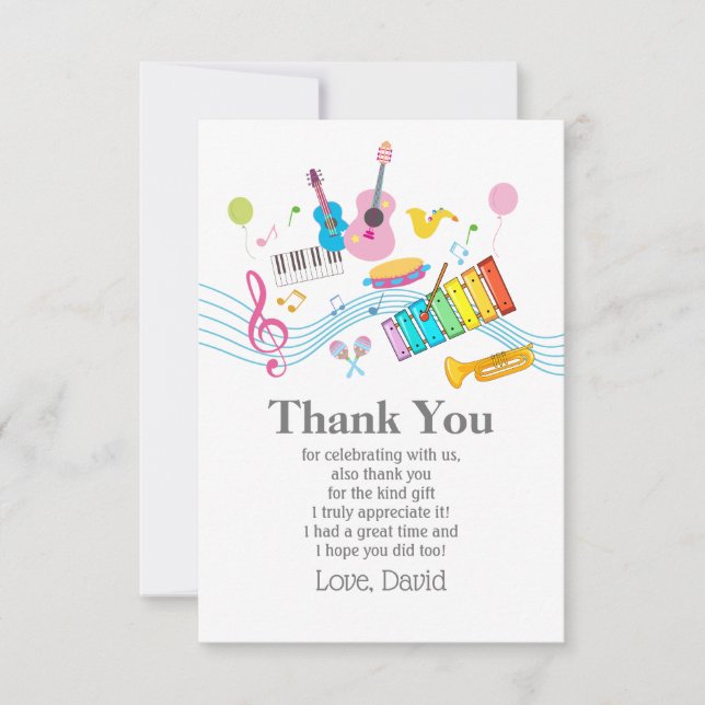 Tarjeta De Agradecimiento música, instrumentos musicales tamborilear niños c (Anverso)