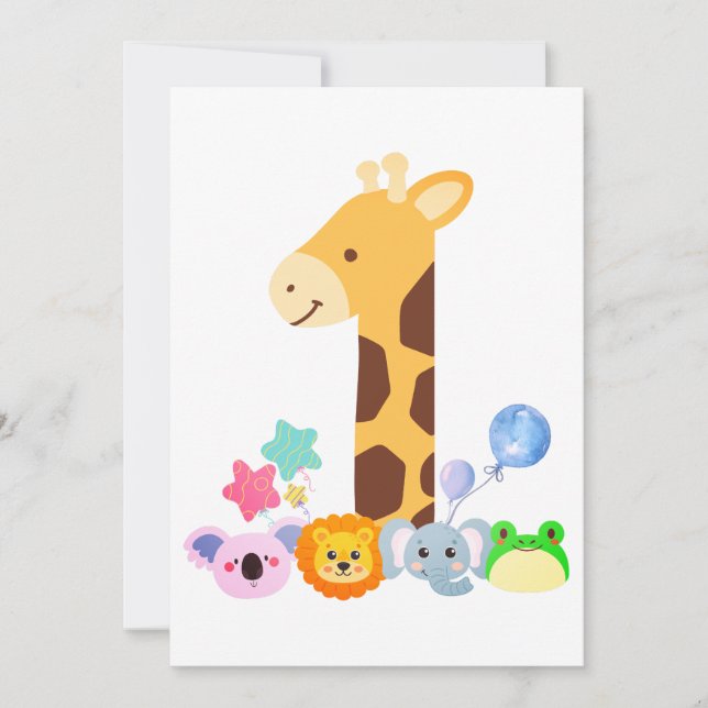 Tarjeta De Agradecimiento My First Birthday. Giraffe and Happy Animals Desig (Anverso)