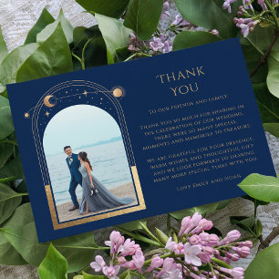 Tarjeta De Agradecimiento Mystical Chic Azul Dorado Estrella Luna Foto Boda