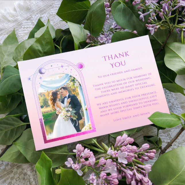 Tarjeta De Agradecimiento Mystical Sunset Pink Sun Moon Stars Foto Boda (Subido por el creador)