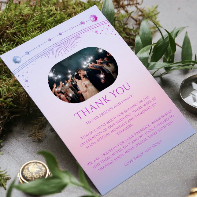 Tarjeta De Agradecimiento Mystical Sunset Pink Sun Moon Stars Foto Boda (Subido por el creador)