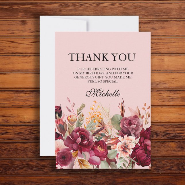 Tarjeta De Agradecimiento Nacimiento floral rosado de Borgoña (Pink and burgundy floral birthday party "Thank you" card)