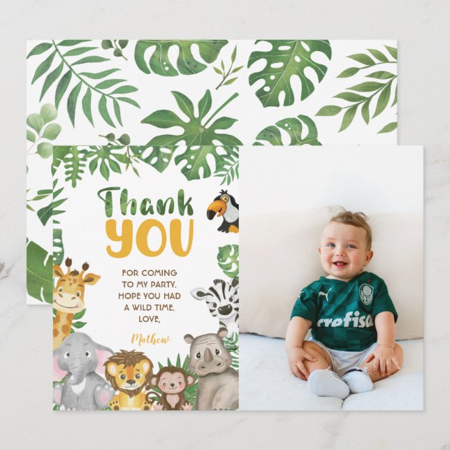 Tarjeta De Agradecimiento Nacimiento Safari Animales Jungla uno y dos salvaj (Anverso / Reverso)