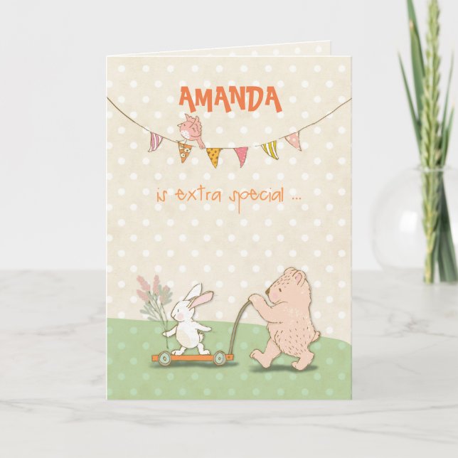 Tarjeta De Agradecimiento Nana de nombre personalizado gracias oso y conejo (Anverso)