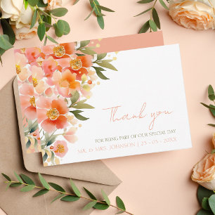 Tarjeta De Agradecimiento Naranja acuarela moderna Boda floral de durazno