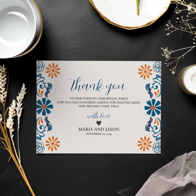 Tarjeta De Agradecimiento Naranja azul mexicano Floral Elegante Boda Fiesta (Mexican Blue Orange Floral Elegant Fiesta Wedding Thank You Card)
