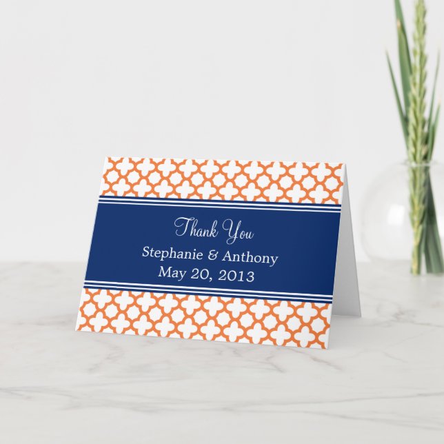 Tarjeta De Agradecimiento Naranja, Boda Real Azul del Quatrefoil Gracias (Anverso)