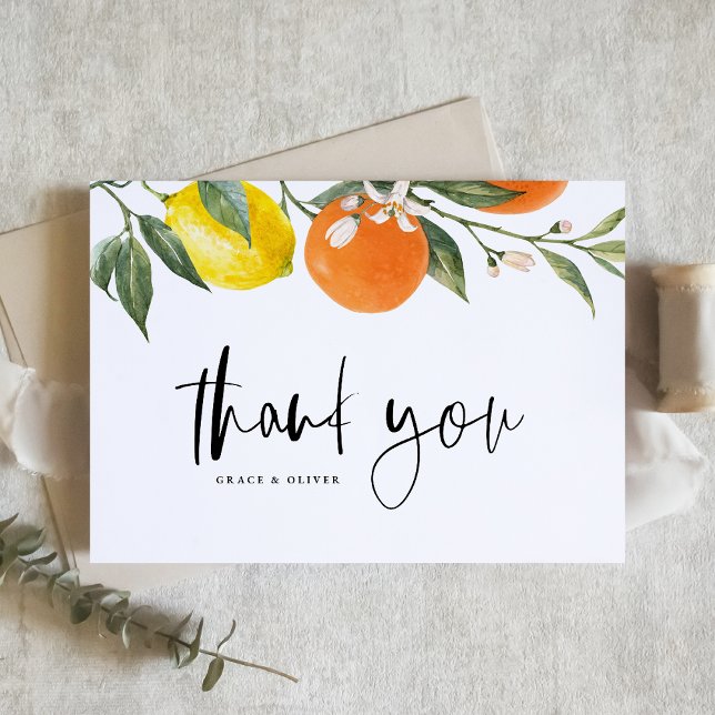 Tarjeta De Agradecimiento Naranja botánico y Boda de verano de limón (Botanical Orange and Lemon Summer Wedding Thank You Card)