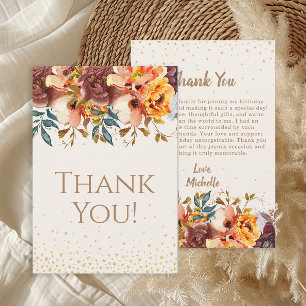 Tarjeta De Agradecimiento Naranja Burgundy Floral Cumpleaños Gracias