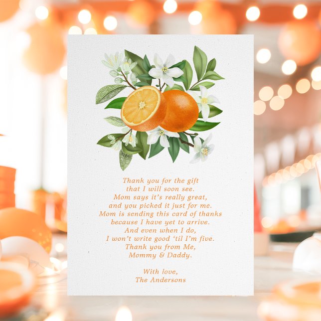 Tarjeta De Agradecimiento Naranja Citrus Little Cutie Baby Shower (Subido por el creador)
