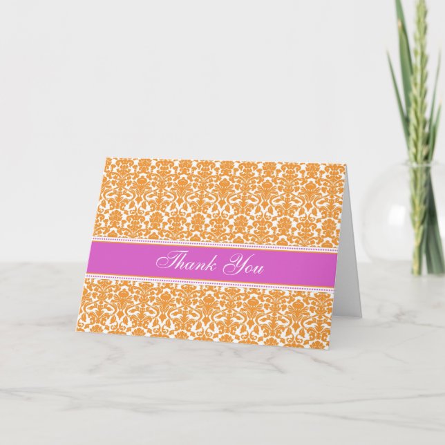 Tarjeta De Agradecimiento Naranja Damask Baby Shower Hostess Gracias (Anverso)