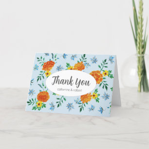 Tarjeta De Agradecimiento Naranja de acuarela Cuta Marigold Flores Azul clar