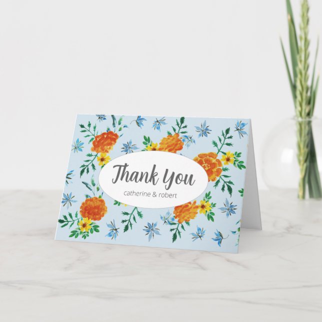 Tarjeta De Agradecimiento Naranja de acuarela Cuta Marigold Flores Azul clar (Anverso)