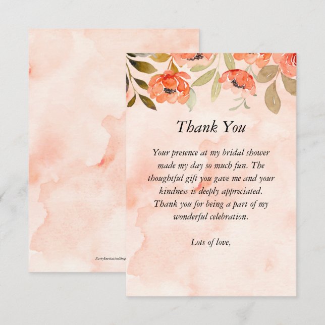 Tarjeta De Agradecimiento Naranja de acuarela Floral Bridal Shower (Anverso / Reverso)