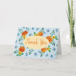 Tarjeta De Agradecimiento Naranja de acuarela Marigold Flores Azul claro