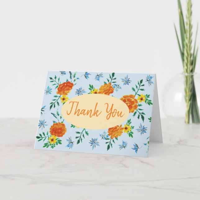 Tarjeta De Agradecimiento Naranja de acuarela Marigold Flores Azul claro (Anverso)