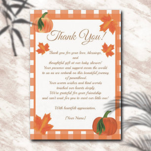 Tarjeta De Agradecimiento Naranja de calabaza Gingham Fall Baby Shower