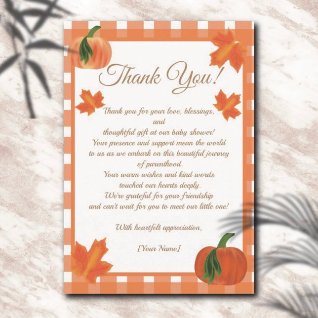 Tarjeta De Agradecimiento Naranja de calabaza Gingham Fall Baby Shower (Subido por el creador)