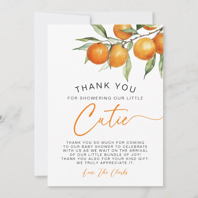 Tarjeta De Agradecimiento Naranja de cítricos botánicos Pequeña Cutie Baby S (Anverso)