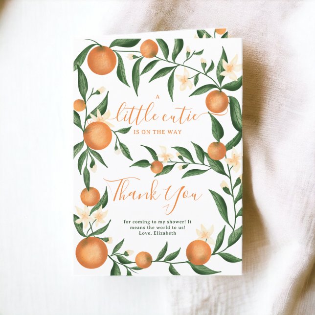 Tarjeta De Agradecimiento Naranja de cítricos botánicos pequeña ducha de beb (Botanical citrus orange little cutie baby shower thank you card)