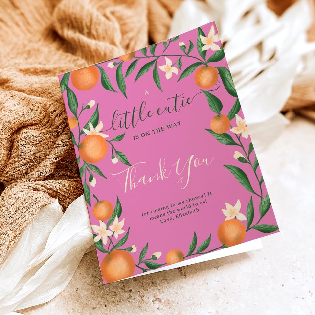 Tarjeta De Agradecimiento Naranja de cítricos botánicos rosado pequeño (Botanical citrus orange little cutie pink thank you card)