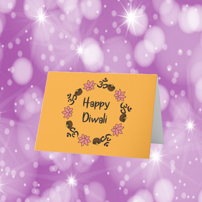 Tarjeta De Agradecimiento Naranja de Diwali Lotus Flower Diya Candle Aum (A greeting card that says Happy Diwali surrouned by diya candles, lotus flowers and aum symbols)