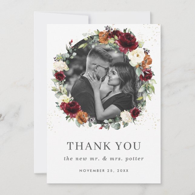 Tarjeta De Agradecimiento Naranja de marfil quemado en Borgoña Foto de guirn (Anverso)