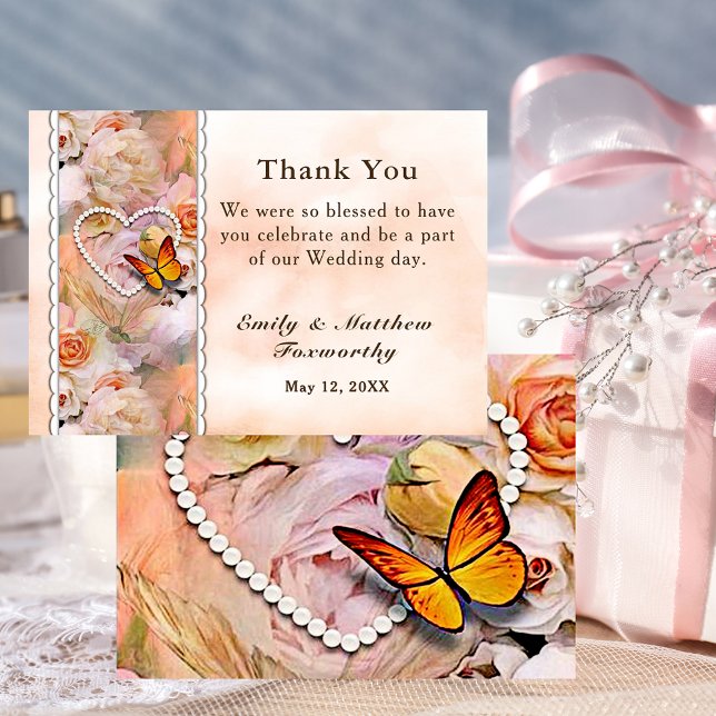 Tarjeta De Agradecimiento Naranja de Pearl Heart Roses rosados Boda mariposa (Pearl Heart Orange Pink Roses Butterfly Wedding Thank You Card)