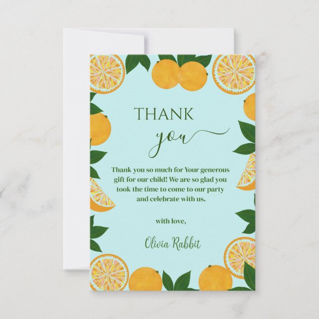 Tarjeta De Agradecimiento Naranja Fiesta Fruit Fresh Baby Shower (Anverso)