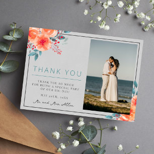 Tarjeta De Agradecimiento Naranja floral alegre y brillante Verde azulado