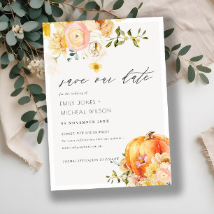 Tarjeta De Agradecimiento Naranja floral Calabaza otoñal Guardar la invitaci