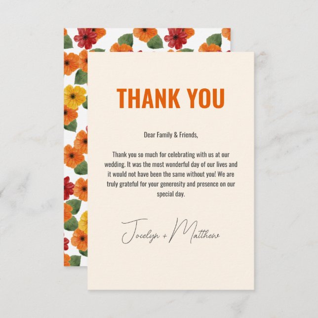 Tarjeta De Agradecimiento Naranja floral moderno retro elegante (Anverso / Reverso)