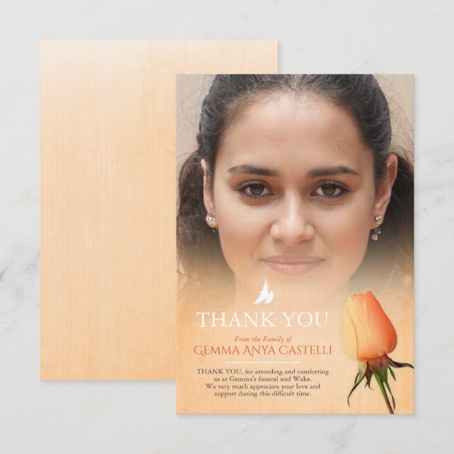 Tarjeta De Agradecimiento Naranja funeral rosa foto familia de agradecimient (Anverso / Reverso)