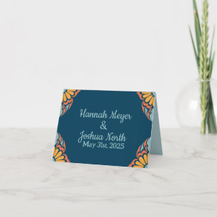 Tarjeta De Agradecimiento Naranja Groovy florece en Boda azul profundo