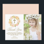 Tarjeta De Agradecimiento Naranja Peony Wreath Gold First Holy Communición<br><div class="desc">Envíe gracias a la familia y amigos con esta tarjeta de agradecimiento de la Primera Comunión personalizable. Presenta una corona floral acuarela de naranjas peonías, rosas, follaje, ramas y aliento de bebé. Personalice esta tarjeta floral de agradecimiento añadiendo una foto, un mensaje, un nombre y otros detalles. Esta tarjeta de...</div>