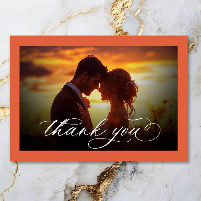 Tarjeta De Agradecimiento Naranja puesta de sol moderna letra minimal foto b (Modern Sunset Orange Script Minimal Photo Wedding Thank You Card)
